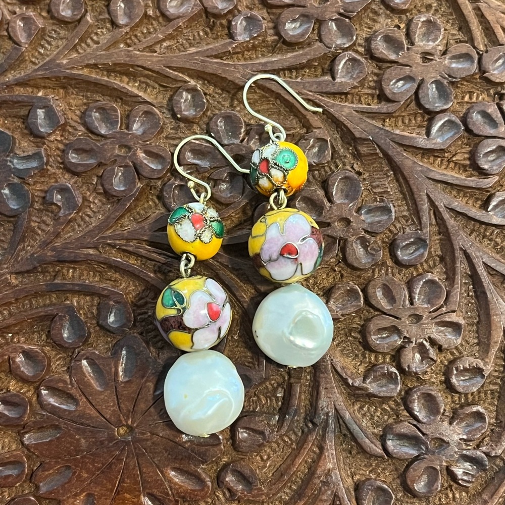 Yellow Floral Cloisonné and Fresh Water Pearl Dangle Earrings